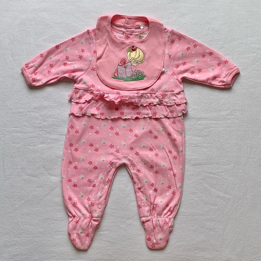 2000 Precious Moments Y2K Pink Floral Footie Sleeper & Embroidered Bib 3-6M